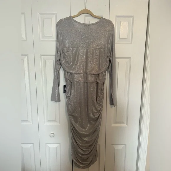 NWT Express Shine Crew Neck Rouched Midi Dress, silver, size xl - Picture 6 of 7